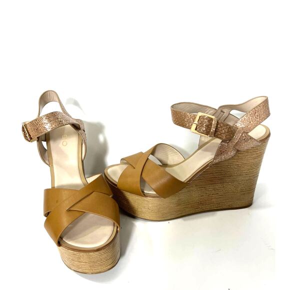 Aldo Regnano Platform Cognac Wedge Sandal Shoe US 9 / EUR 40 Spring - Picture 1 of 9